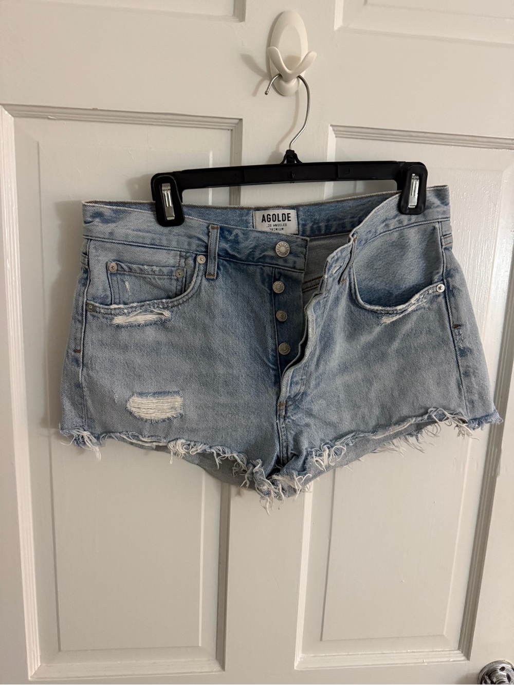 Agolde Light Blue Frayed Hem Button-Fly Denim Shorts